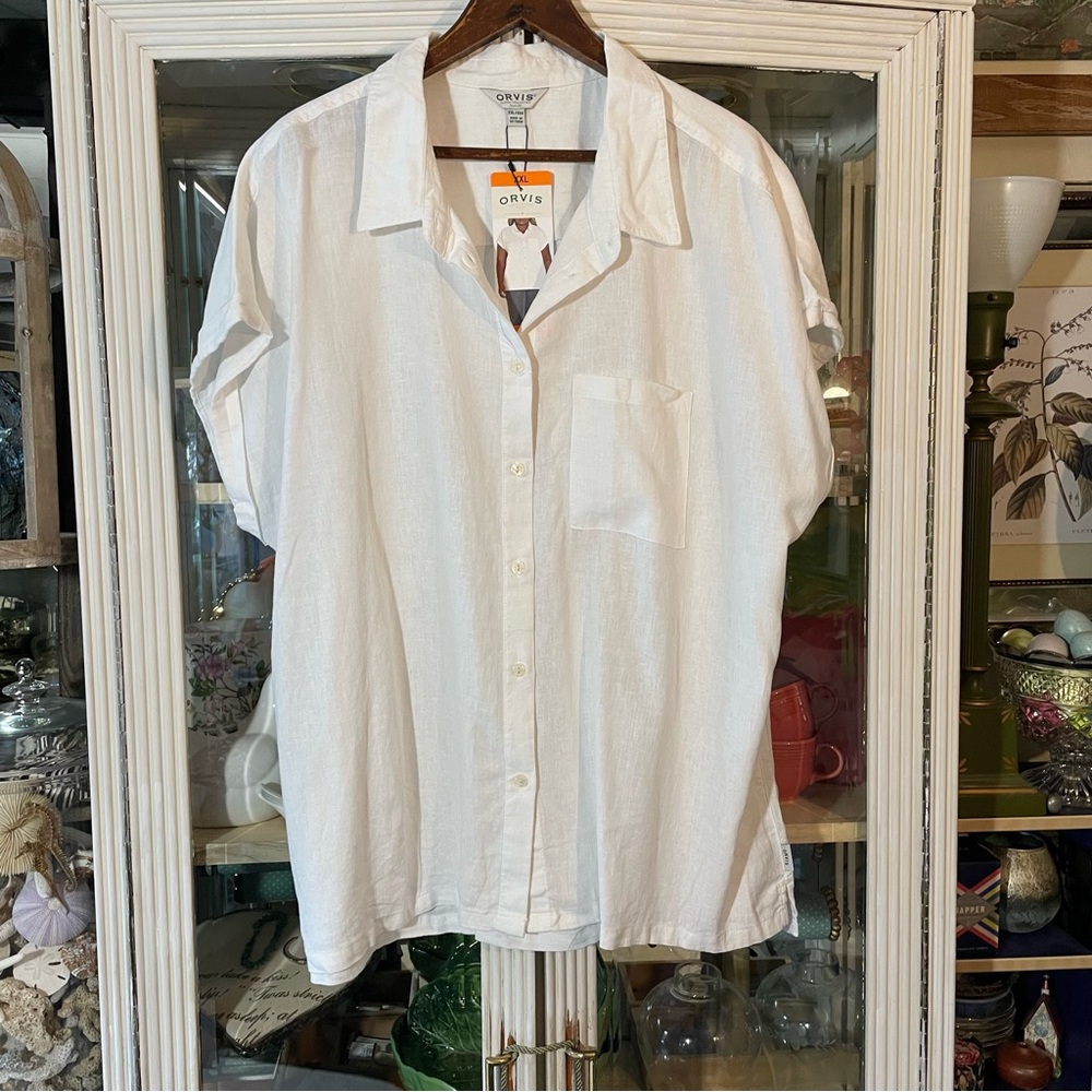 Orvis white linen cap short sleeve women’s Shirt XXL nwt